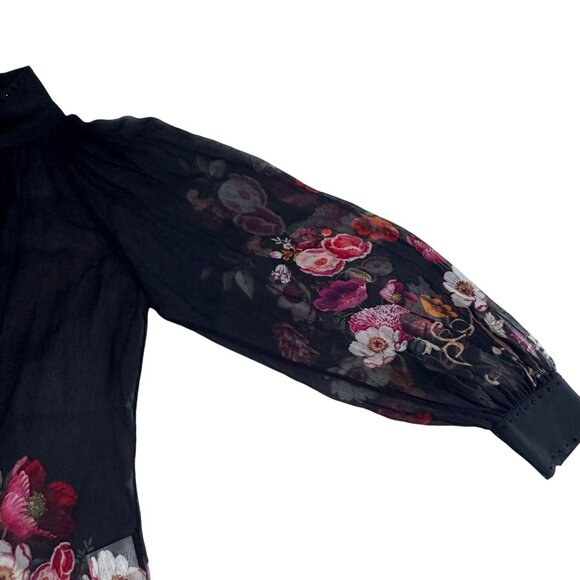 Camilla Mirror Mirror Raglan Button Up Shirt Black Floral Sheer Silk Blouse Sz L - Picture 8 of 16